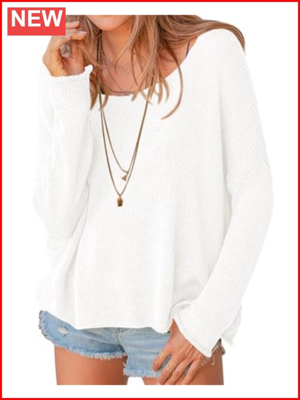 Oversized Scoop Neck Pullover Sweater - Lightweight Knit Slouchy Top